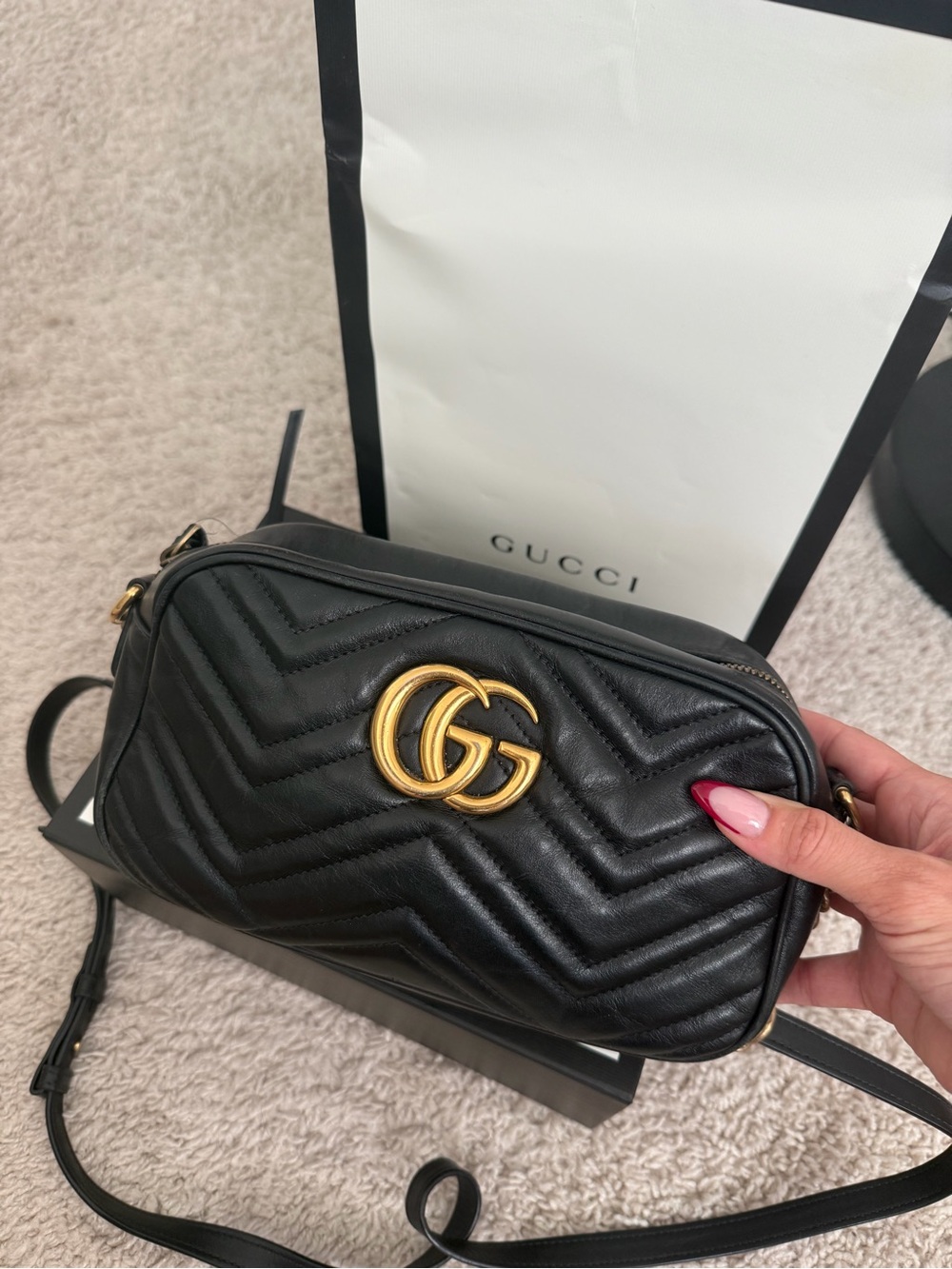 Gucci Black GG Marmont Chevron Crossbody Bag with Gold Hardware